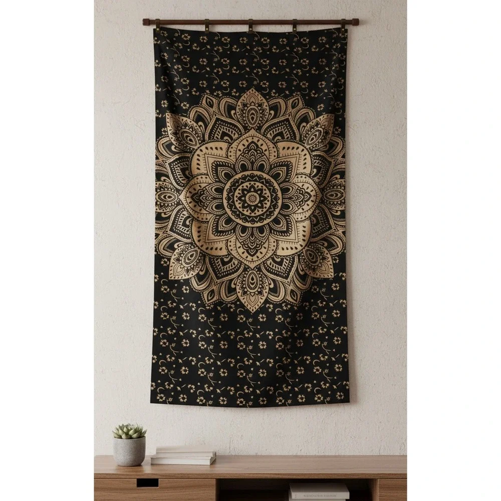 Black and Gold Mandala Tapestry Bohemian Wall Hanging Floral Medallion 78x54